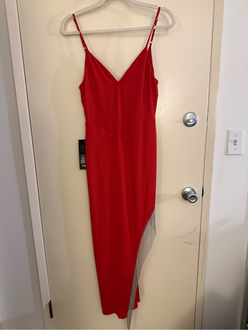 bebe Red V-Neck Fringe-Trim Midi Dress